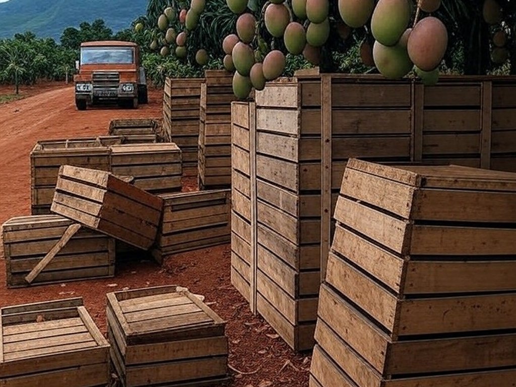 Plantação de frutas tropicais no Brasil com caixas empilhadas, ilustrando suspensão de importações pela França por substâncias proibidas.