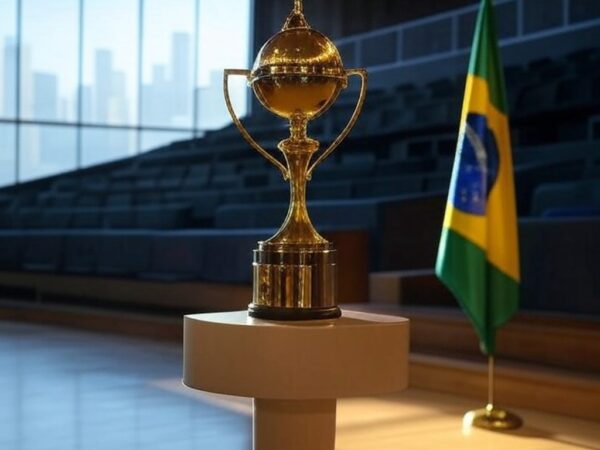 Troféu dourado de premiação com bandeira brasileira ao fundo, simbolizando indicações do Brasil nos Critics Choice Awards 2026.