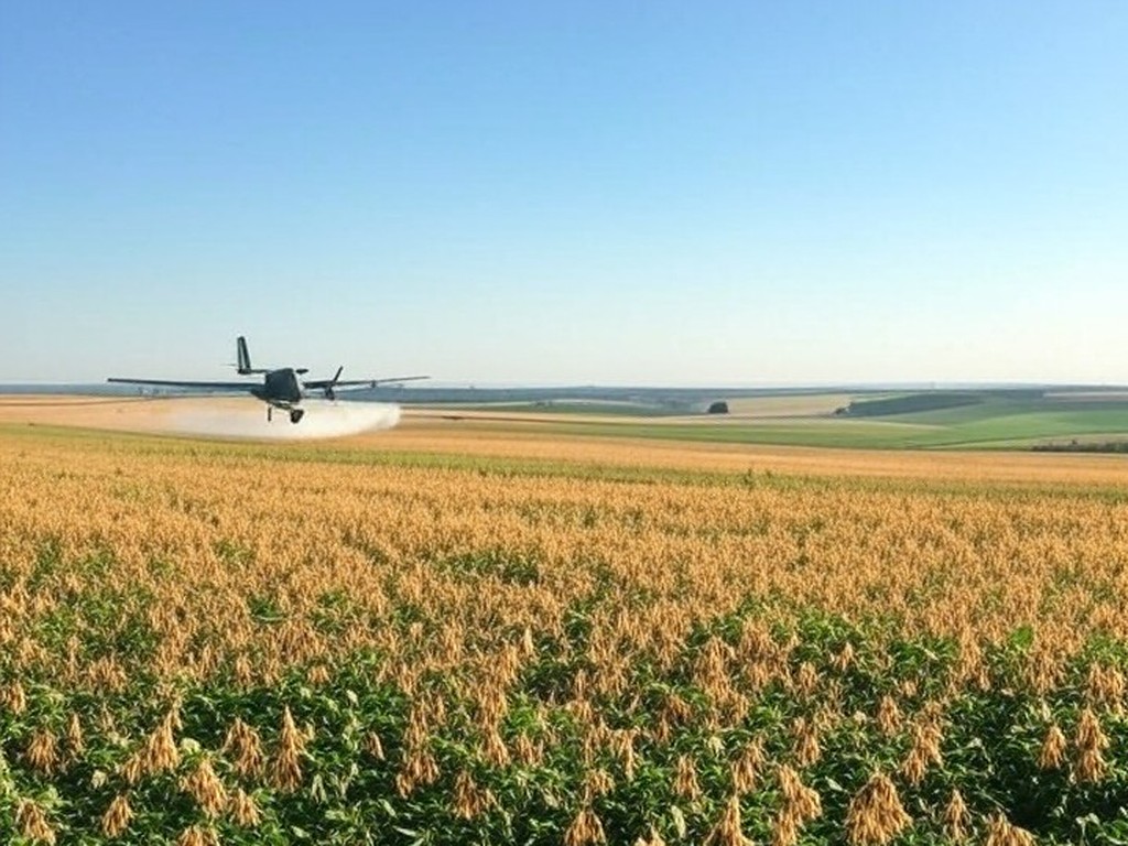 Plantação de soja no Brasil com avião pulverizando agrotóxicos, representando recorde de aprovações em 2025.