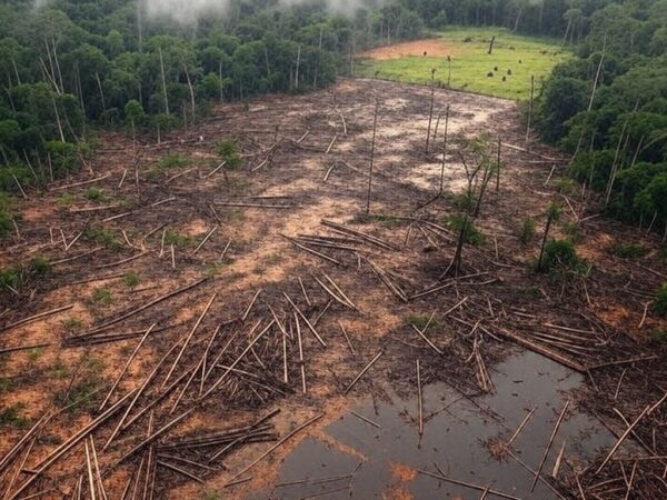 Área de desmatamento ilegal na Amazônia brasileira com árvores cortadas e gado pastando, destacando riscos ambientais em frigoríficos.
