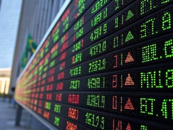 Painel de bolsa de valores em São Paulo mostrando recordes asiáticos impulsionados por ações de defesa e efeito Maduro.