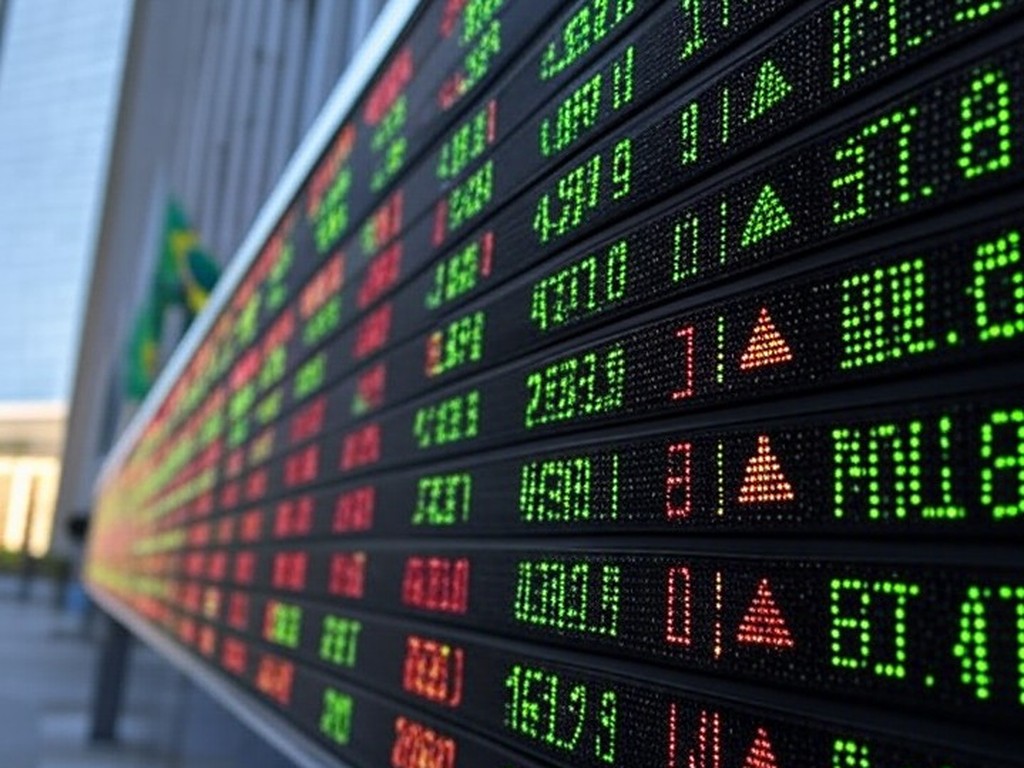 Painel de bolsa de valores em São Paulo mostrando recordes asiáticos impulsionados por ações de defesa e efeito Maduro.