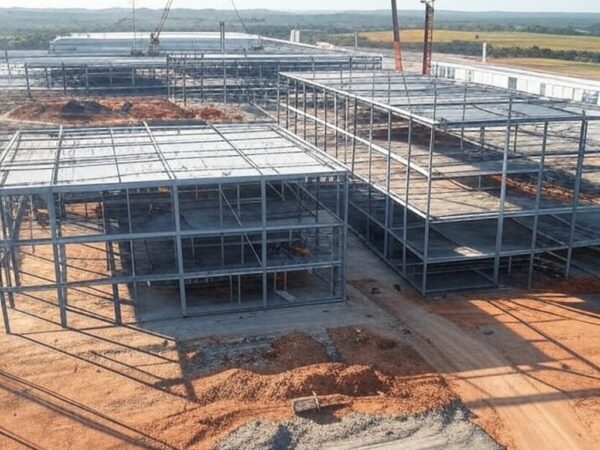 Construção de fábrica de whey protein da Sooro Renner no Paraná, com estruturas industriais e guindastes em paisagem brasileira.
