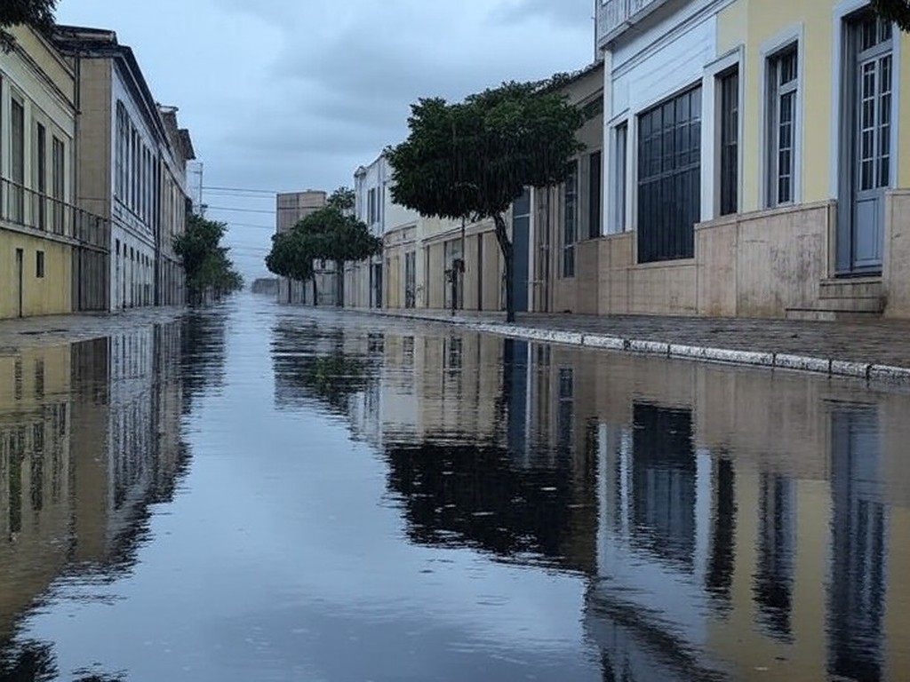 Rua inundada em cidade brasileira durante chuva intensa, com nuvens escuras, representando previsão do Inmet de chuvas acima da média e eventos extremos em janeiro.