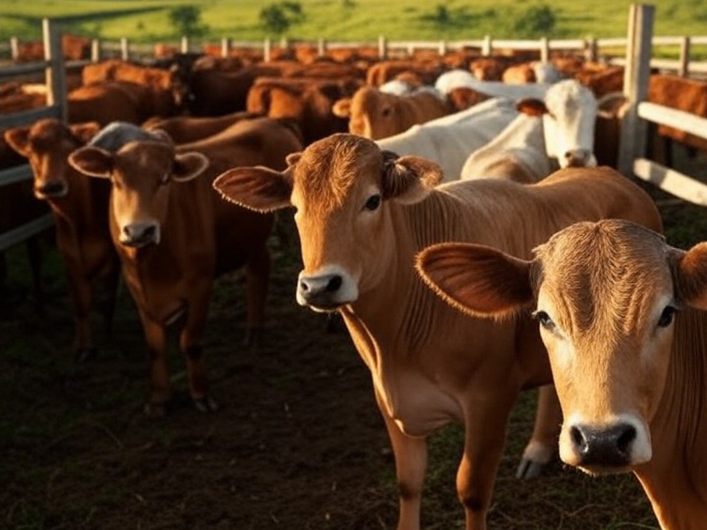 Rebanho de bois gordos em curral de fazenda no interior de SP, representando alta no preço do boi gordo em SP, MG e GO.