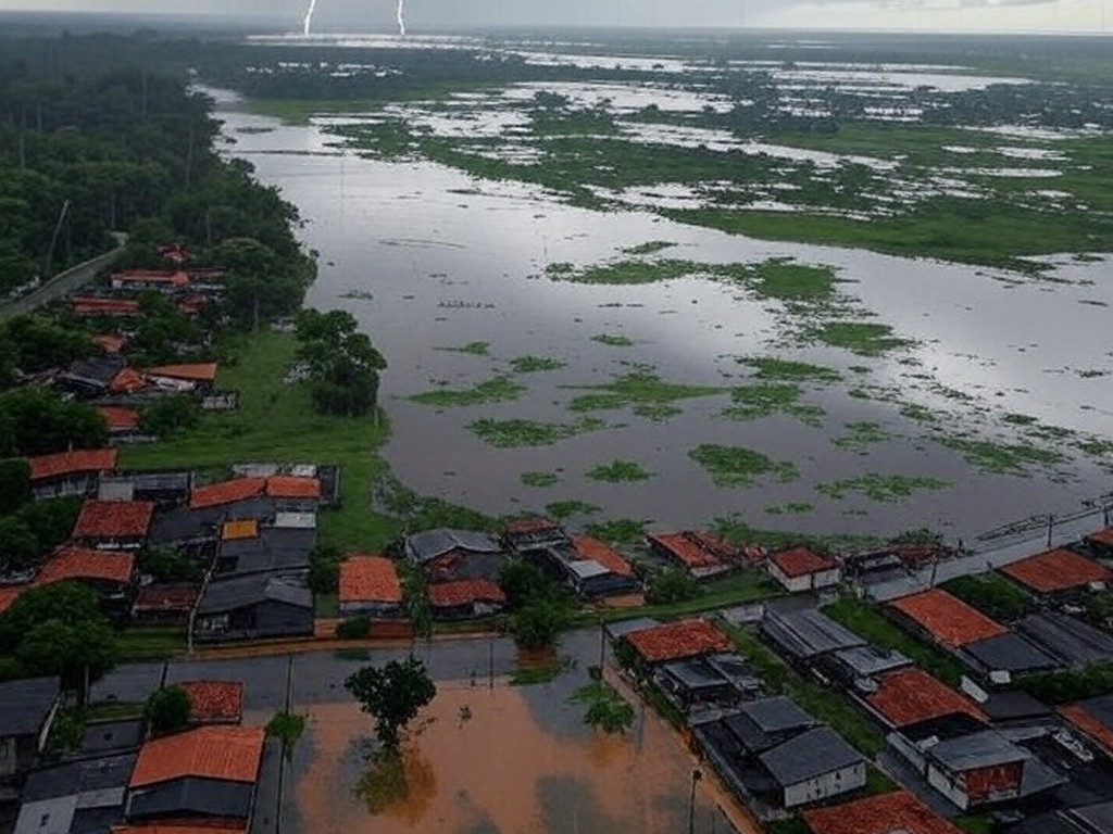 Chuva intensa em paisagens do Norte, Centro-Oeste e Sudeste do Brasil, com alerta do Inmet para até 150 mm.
