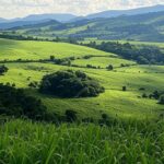 Paisagem brasileira com chuvas isoladas sob massa de ar quente em 2024, estilo fotojornalístico.