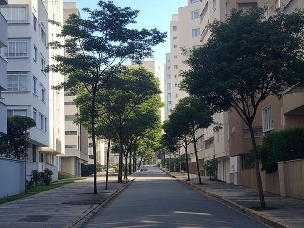 Rua residencial em São Paulo com edifícios e casas, ilustrando IPTU e contratos de aluguel entre proprietários e inquilinos.