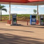 Posto de combustível em Mato Grosso com bombas de etanol e gasolina, destacando preços competitivos no Brasil.