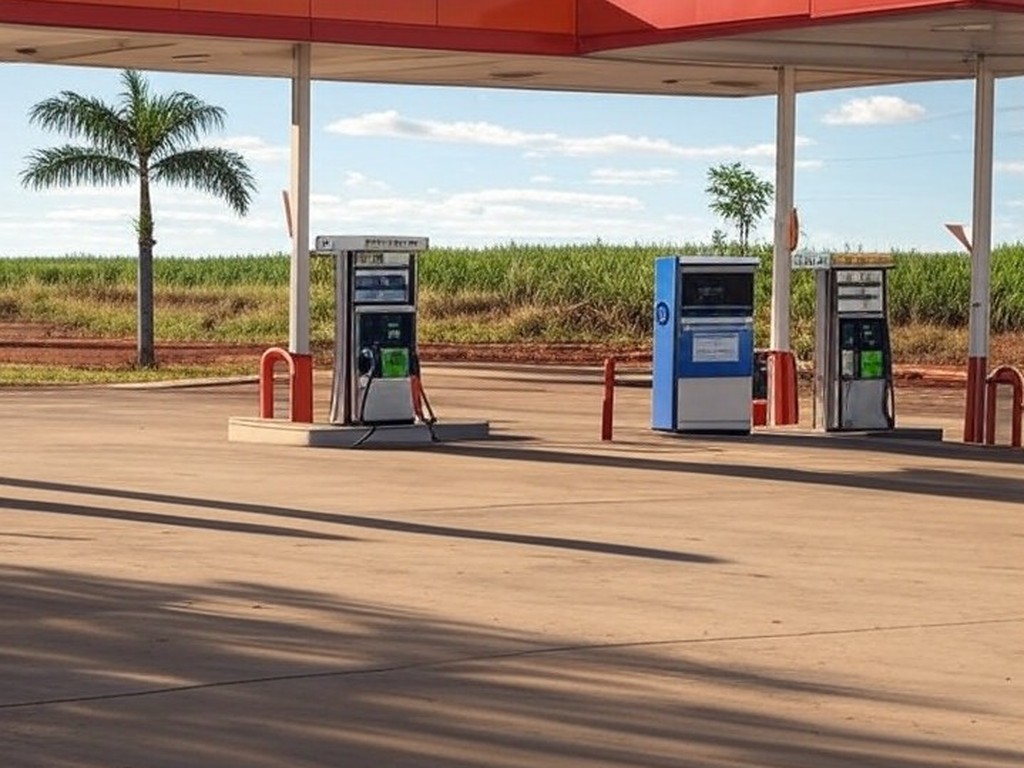 Posto de combustível em Mato Grosso com bombas de etanol e gasolina, destacando preços competitivos no Brasil.