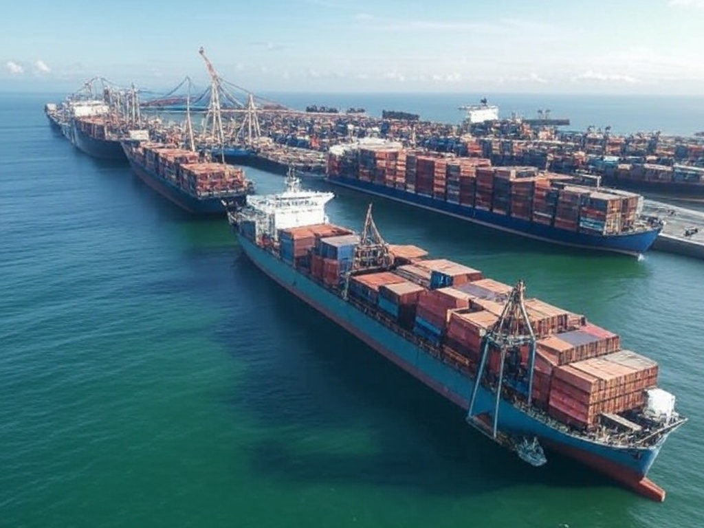 Vista aérea do Porto de Santos com navios cargueiros e contêineres, representando exportações brasileiras recorde de US$ 348,7 bilhões em 2025.