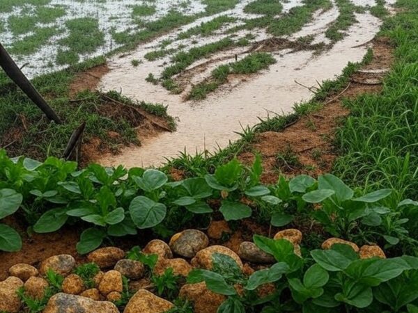 Paisagem rural brasileira inundada por eventos climáticos, representando perdas econômicas de R$ 180 bilhões em 28 anos.