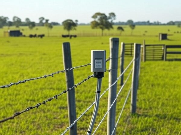 Cerca elétrica com sensores IoT em fazenda de pecuária no Brasil, destacando tecnologias para redução de falhas.