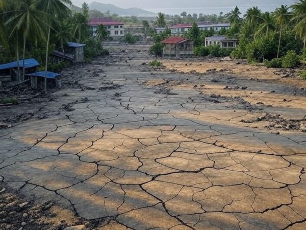 Paisagem no sul das Filipinas com solo rachado e edifícios danificados por terremoto de magnitude 6,4, sem alerta de tsunami.