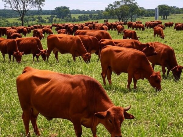 Rebanho de bois em fazenda brasileira, simbolizando alta no preço da arroba do boi gordo com exportações para China e México.