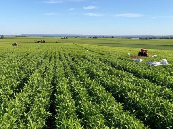 Plantação de soja no Brasil com sacos de fertilizantes, representando acordo UE-Mercosul.