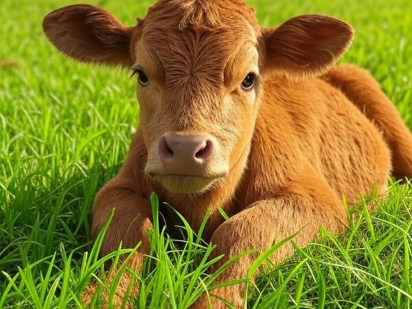 Bezerra Girolando recém-nascida em fazenda brasileira, representando embriões exportados para Nigéria.