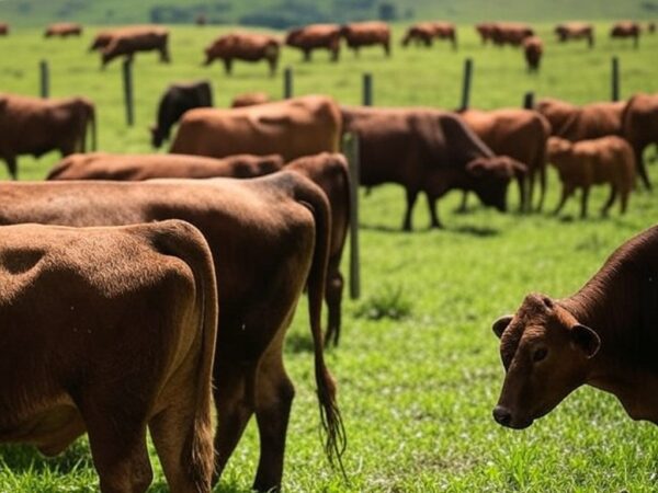 Rebanho de bois gordos em fazenda no interior de São Paulo, ilustrando alta no preço com escoamento de carne bovina.