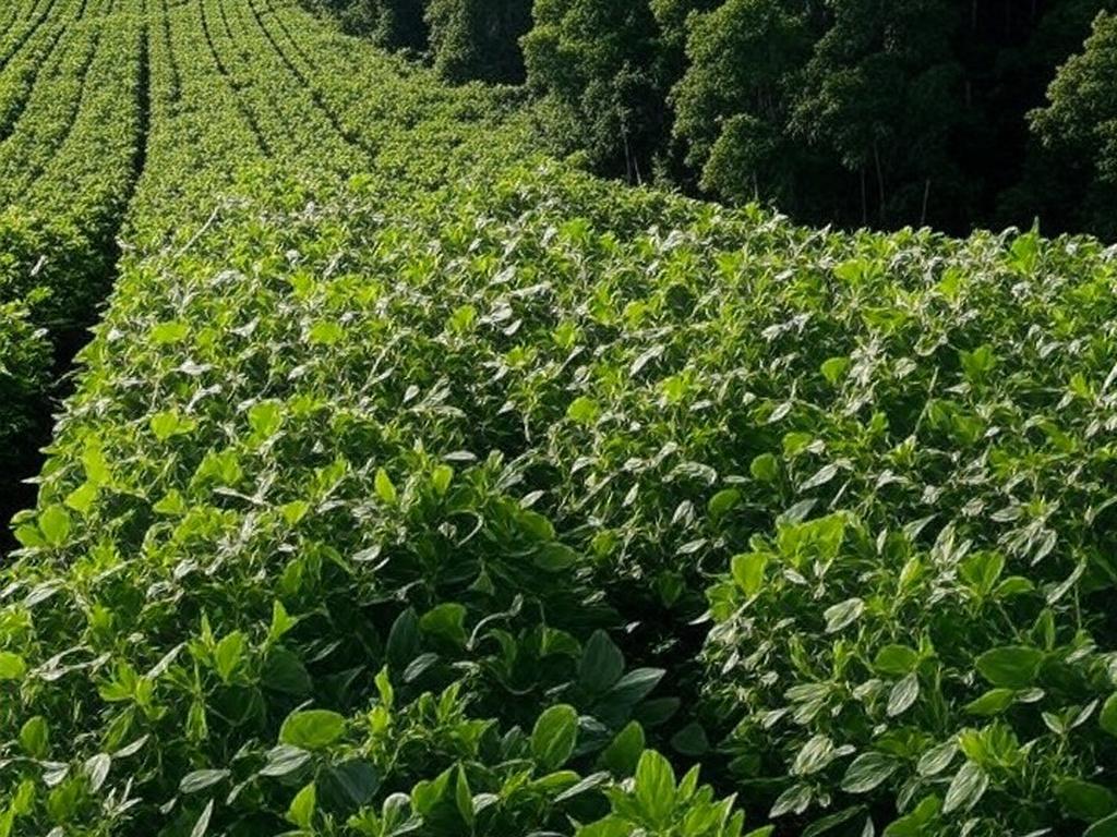 Plantação de soja transgênica próxima a unidade de conservação no Brasil, destacando regras da CTNBio.