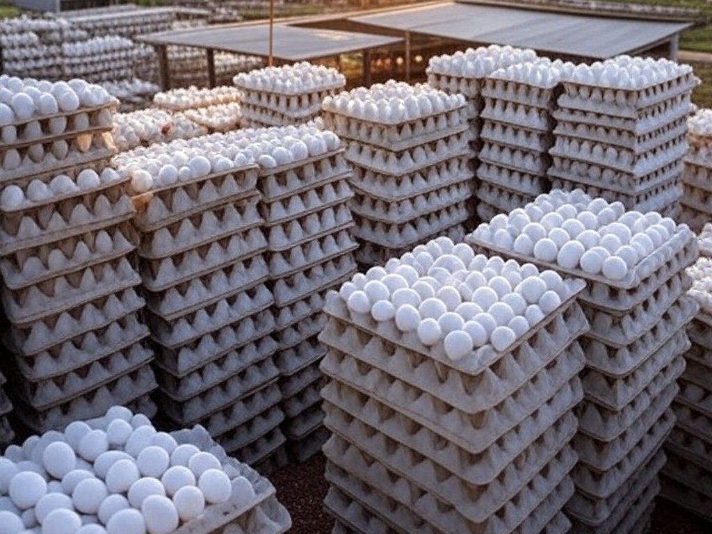 Granja de ovos no Brasil com caixas empilhadas para exportação recorde em 2025.