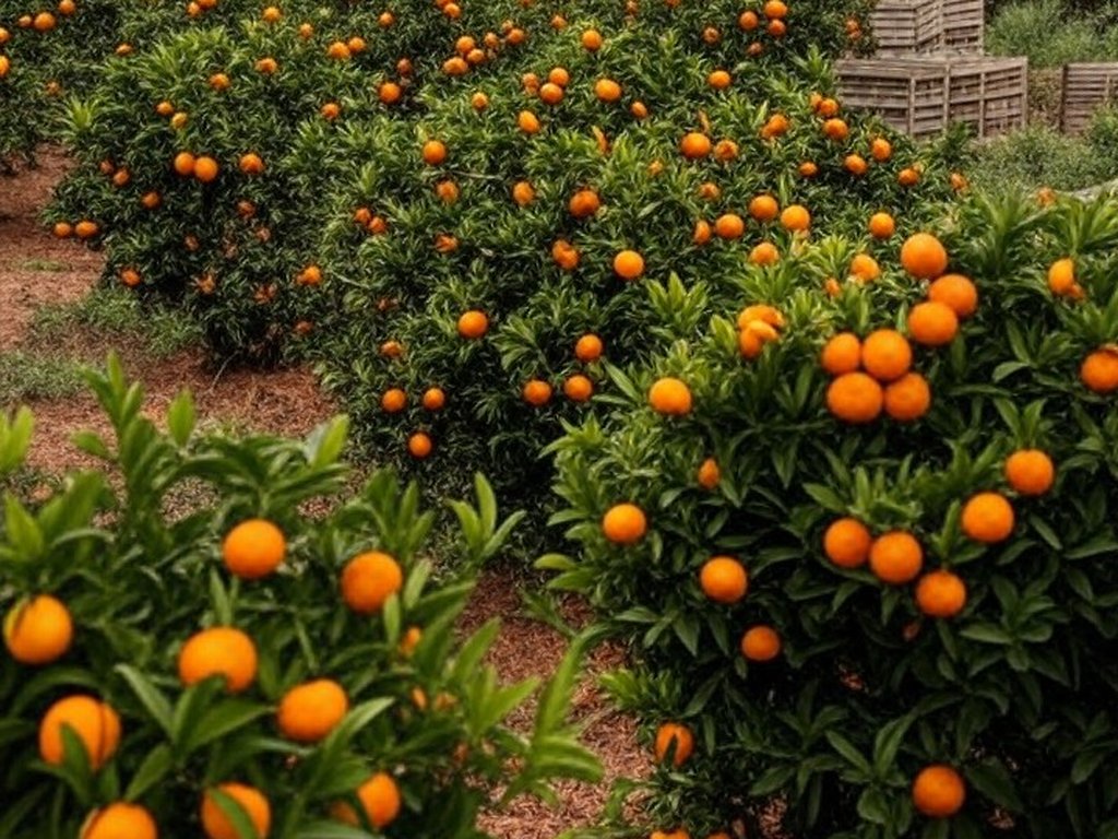 Plantação de laranjeiras no Brasil com caixas de exportação, representando queda nas exportações de suco de laranja na safra 2024/25.