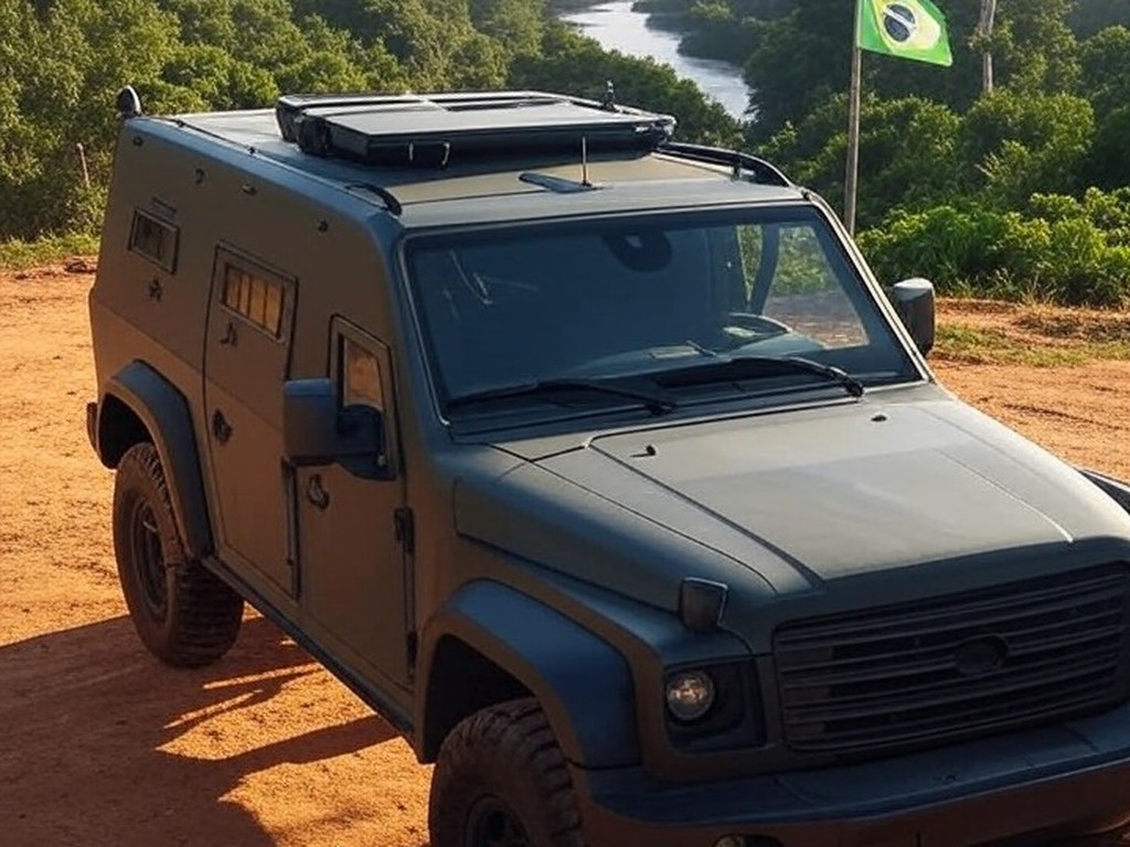 Viatura da Força Nacional na fronteira Brasil-Venezuela, em Roraima, com floresta amazônica ao fundo.