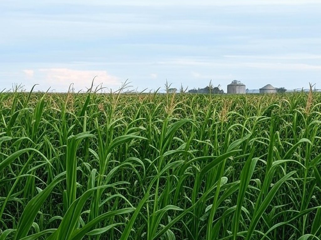 Plantação de milho no Brasil com silos ao fundo, representando venda pela Conab via ProVB para pequenos criadores.