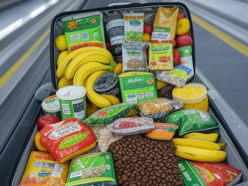 Mala aberta com produtos agropecuários em aeroporto brasileiro, ilustrando novas regras do MAPA para bagagens de viajantes.