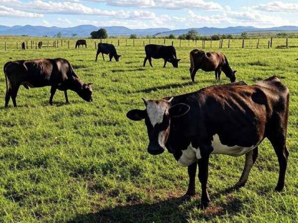 Fazenda leiteira em Minas Gerais com vacas pastando, representando restrições ao uso de hormônios em vacas leiteiras pela Justiça Federal de Uberlândia.