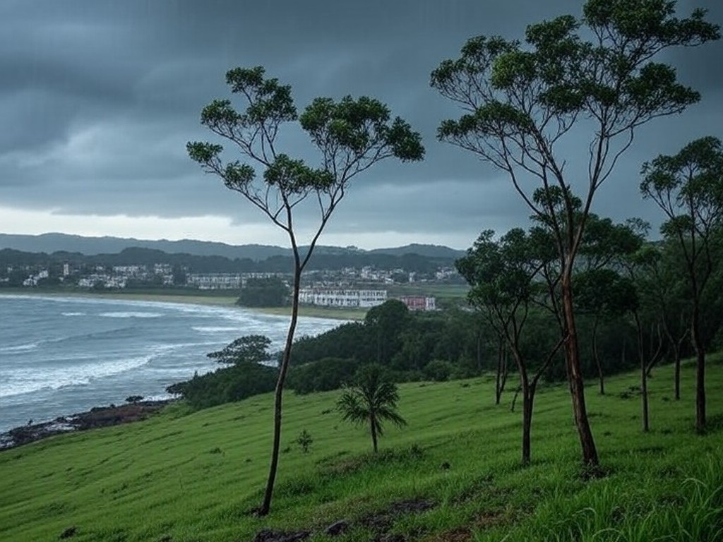 Céu nublado com chuva intensa e ventos fortes no Sul do Brasil, ilustrando ameaça de ciclone extratropical.