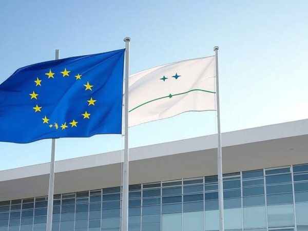 Bandeiras da União Europeia e do Mercosul em Brasília, representando acordo comercial provisório.