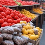 Feira brasileira com tomates, mangas e café, ilustrando inflação de preços no IPCA 2025.