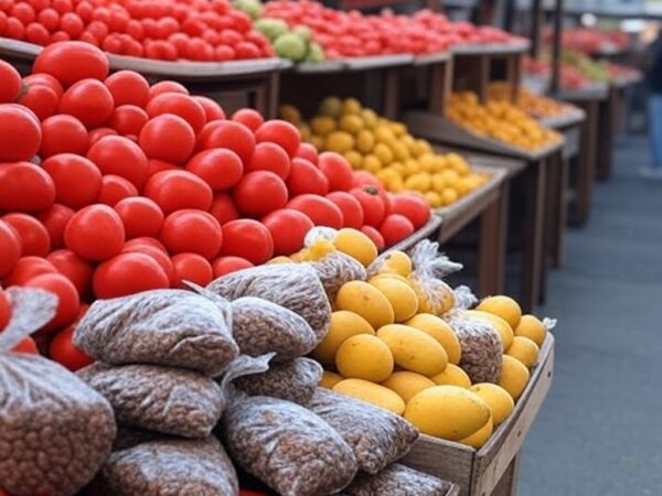 Feira brasileira com tomates, mangas e café, ilustrando inflação de preços no IPCA 2025.