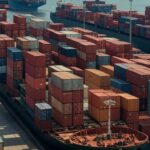 Porto brasileiro com contêineres e navios representando exportações extras do Acordo Mercosul-UE, gerando US$ 7 bilhões para o Brasil.