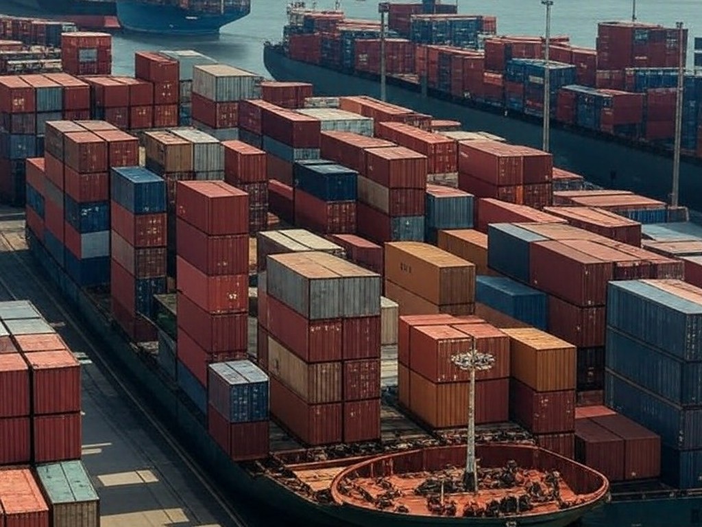 Porto brasileiro com contêineres e navios representando exportações extras do Acordo Mercosul-UE, gerando US$ 7 bilhões para o Brasil.