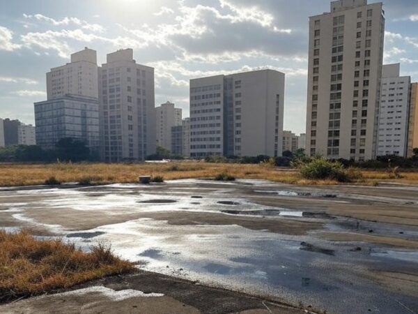 Paisagem urbana no Brasil com ondas de calor acima de 40°C e chuvas irregulares no verão 2024/2025.