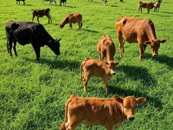 Pasto maternidade na pecuária brasileira com vacas e bezerros saudáveis, impulsionando produtividade e saúde animal em 2026.