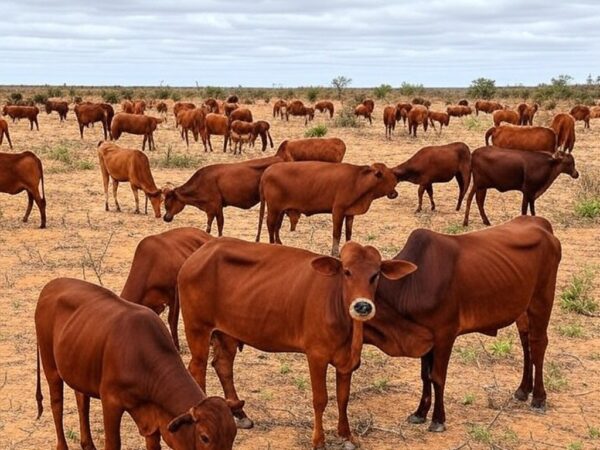 Rebanho de gado Nkone em paisagem seca do sertão brasileiro, resistindo à seca para pecuária sustentável.