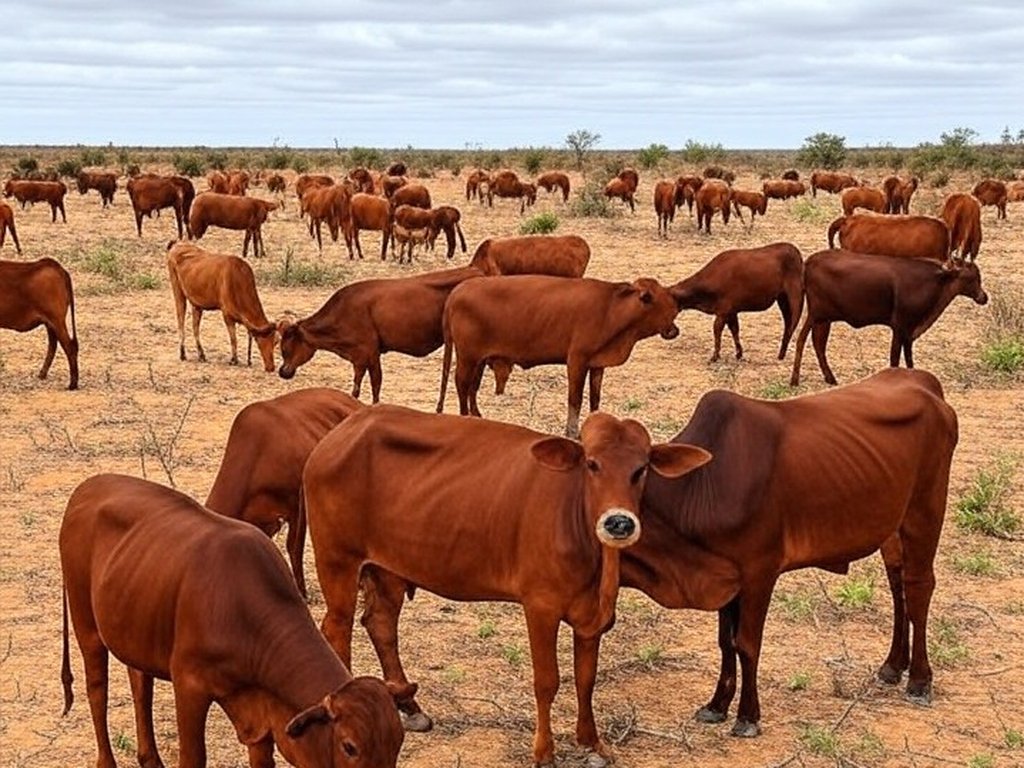 Rebanho de gado Nkone em paisagem seca do sertão brasileiro, resistindo à seca para pecuária sustentável.