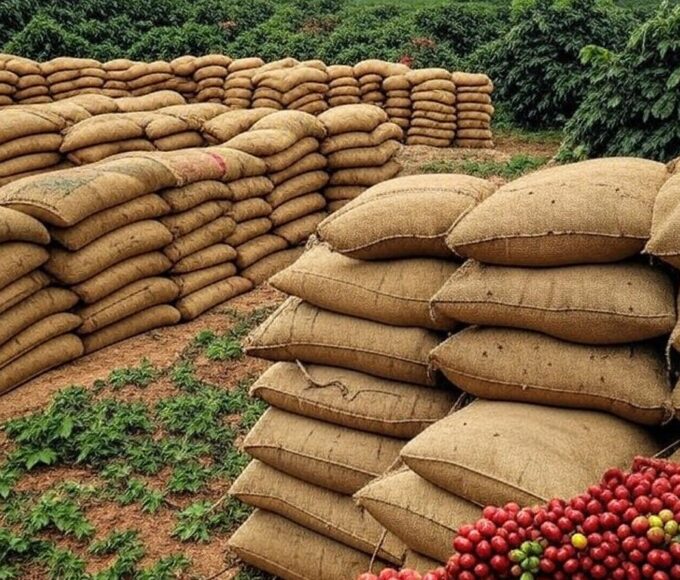 Plantação de café em Minas Gerais com sacos de grãos, representando alarme por excesso de chumbinhos e fechamento de mercado.