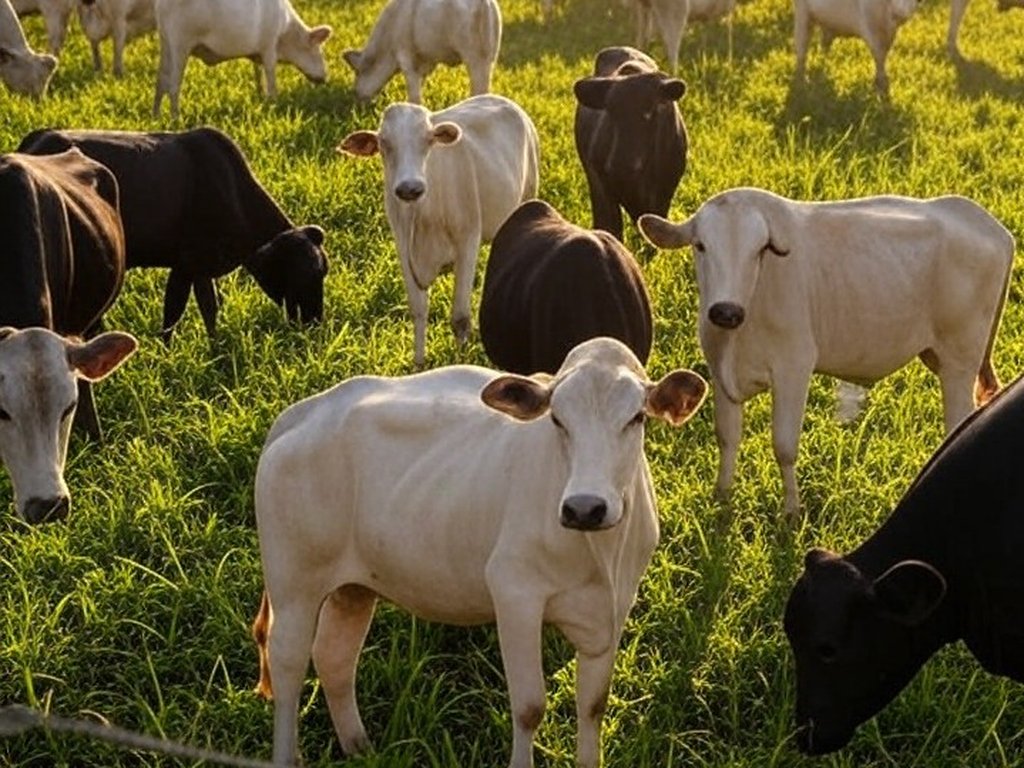 Rebanho de gado em fazenda no Brasil, impulsionando produtividade da pecuária por cruzamentos genéticos.