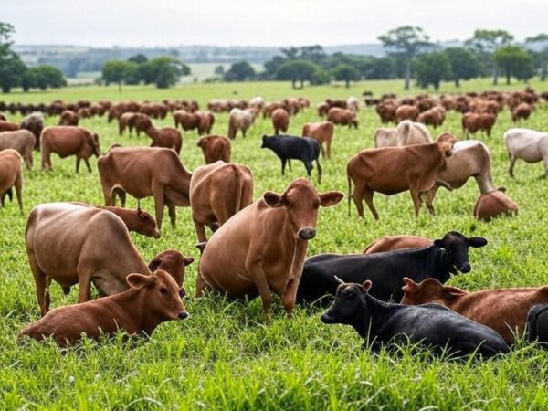 Rebanho de gado em fazenda brasileira, representando desafios no setor bovino com perdas por abscessos e resíduos de medicamentos.