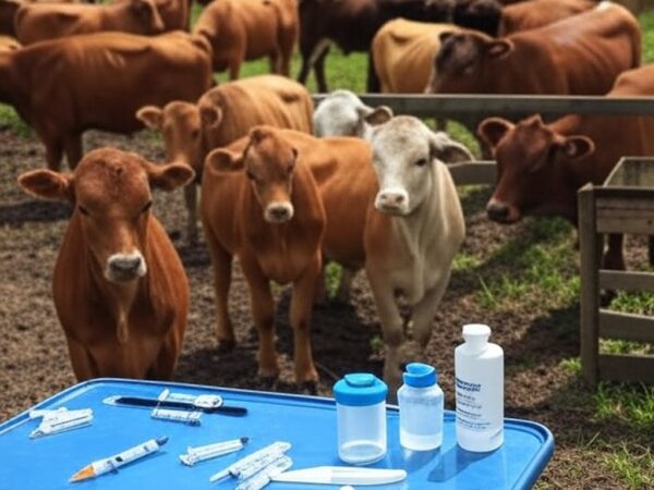 Rebanho de bovinos em fazenda no interior de São Paulo durante vacinação obrigatória contra brucelose.