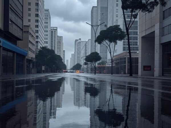 Chuva intensa de até 100 mm em rua de cidade brasileira durante avanço de frente fria, com nuvens escuras e poças d'água.