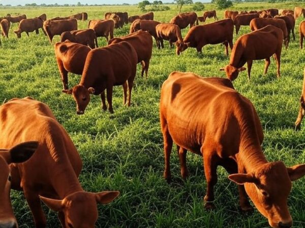 Rebanho de gado de corte em fazenda brasileira, destacando vacas prenhes no Cerrado, impulsionando taxas de prenhez via IATF.