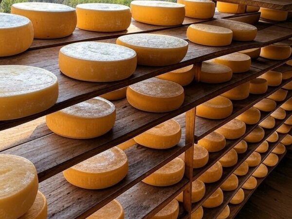 Rodas de queijo Canastra em queijaria mineira, premiado como um dos melhores do mundo pela Taste Atlas.