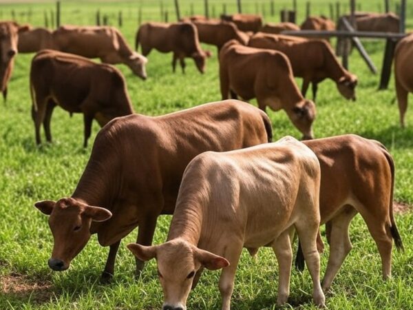 Rebanho de gado de corte em fazenda brasileira, ilustrando tecnologia de variabilidade gamética para pecuária.