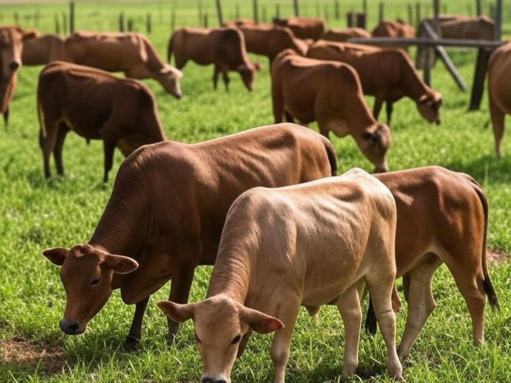 Rebanho de gado de corte em fazenda brasileira, ilustrando tecnologia de variabilidade gamética para pecuária.