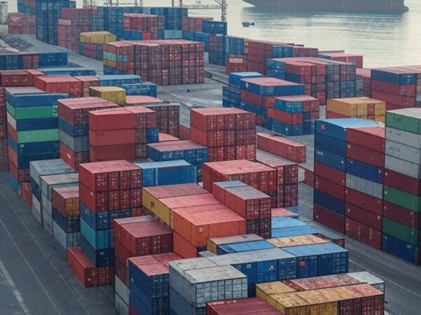 Porto brasileiro com contêineres e navio de carga, ilustrando impacto de tarifas dos EUA nas exportações do Brasil.