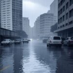 Rua alagada por chuvas intensas no Sudeste do Brasil, com risco de alagamentos, em estilo fotojornalístico.